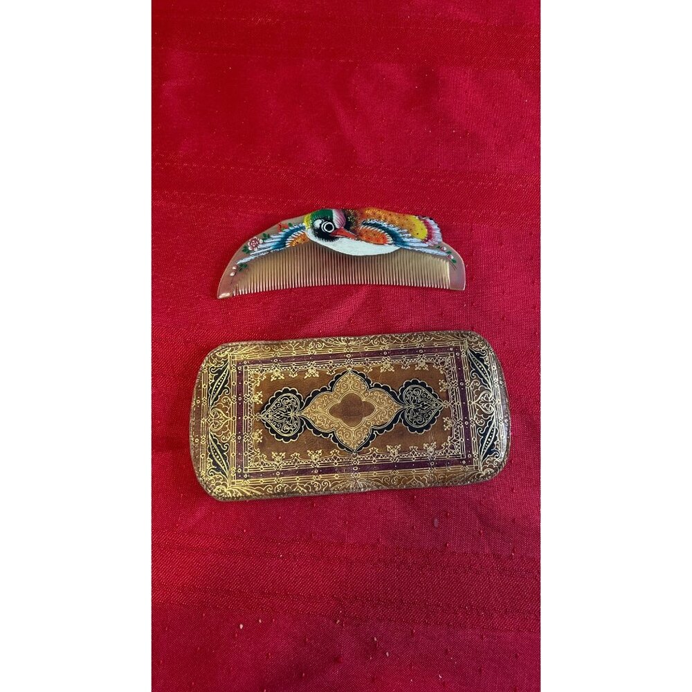 Hand Painted Japanese Kushi Horn Hair Comb & Leather Italian Case Antique Bird